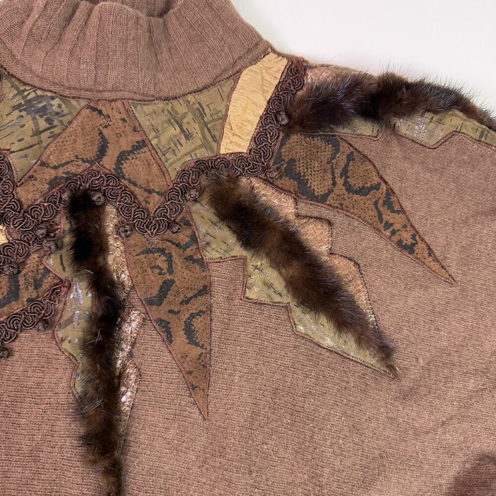 Vintage 80s Patchwork Mock Neck Sweater Women's L Lambswool Angora Woodland Dark